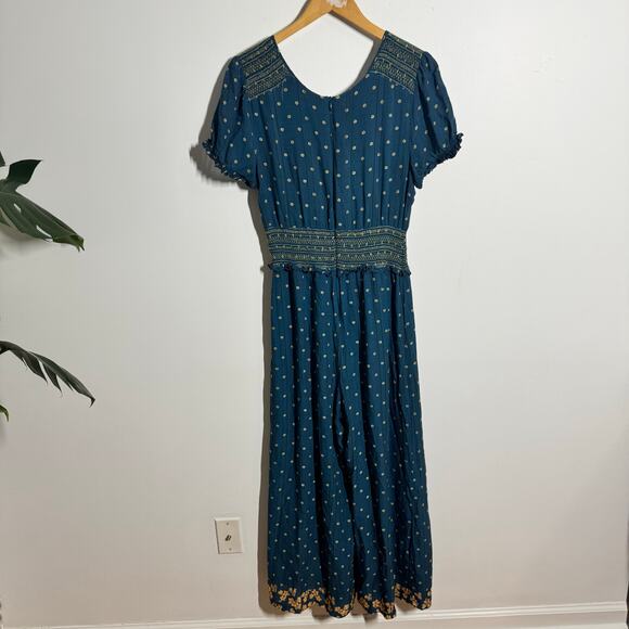 Farm Rio Rosewood Jumpsuit Anthropologie Women M Blue Floral Boho Cottage Modest - Picture 2 of 10